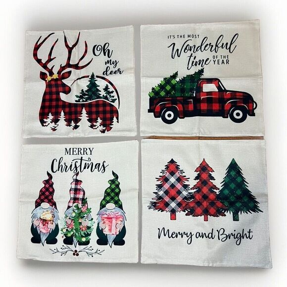 NEW Christmas Decorative Pillow Covers 18 x 18”  Set of 4 Holiday Decorations - Picture 1 of 7